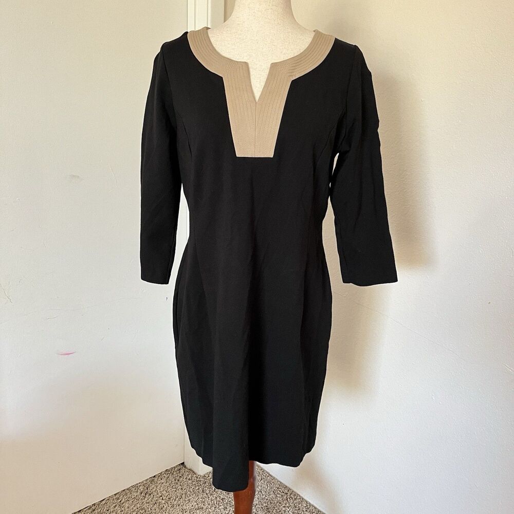 Talbots Ponte Knit Sheath Dress Black/Tan Color-Block V-Neck Sz 10P 3/4 Sleeve
